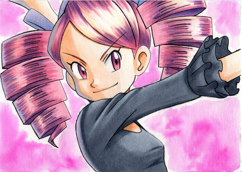 1girl black_dress closed_mouth commentary_request dress drill_hair eyebrows_visible_through_hair eyelashes frills hair_ribbon highres long_hair oka_mochi outstretched_arm pink_background pokemon pokemon_(anime) pokemon_dppt_(anime) purple_hair purple_ribbon ribbon shiny shiny_hair sleeves_past_elbows smile solo traditional_media twin_drills twintails upper_body ursula_(pokemon) v-shaped_eyebrows violet_eyes