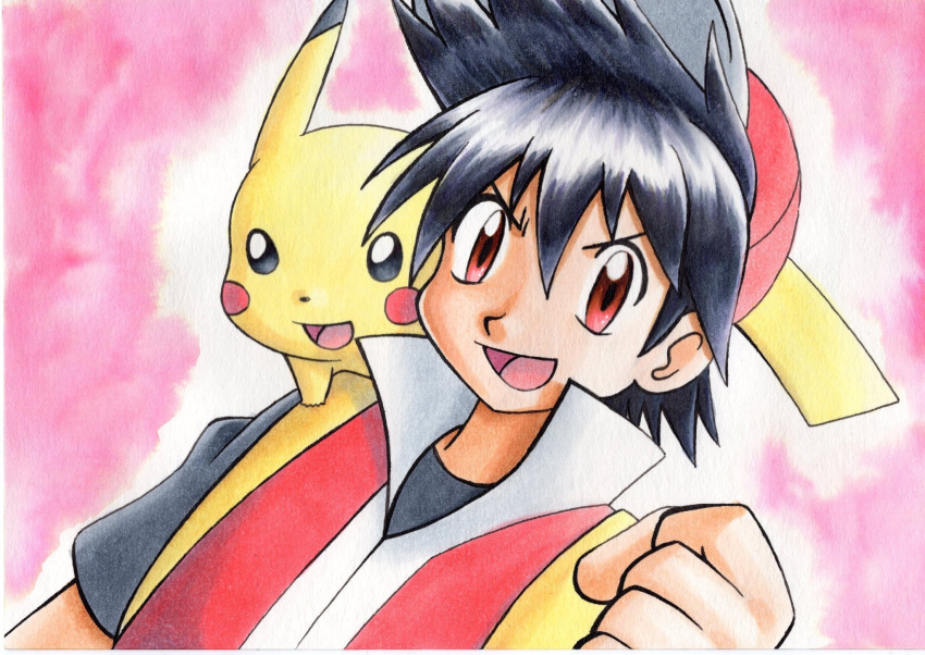 1boy :d bangs baseball_cap black_hair black_shirt clenched_hand commentary_request hair_between_eyes hand_up hat highres jacket looking_at_viewer male_focus oka_mochi on_shoulder open_mouth pika_(pokemon) pikachu pink_background pokemon pokemon_(creature) pokemon_adventures pokemon_on_shoulder popped_collar red_(pokemon) red_eyes red_headwear red_jacket shirt short_hair sleeveless sleeveless_jacket smile spiky_hair t-shirt tongue traditional_media
