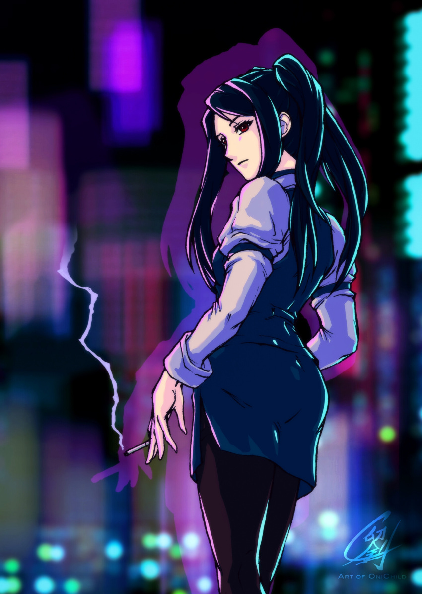 1girl artist_name bangs bartender cigarette cowboy_shot cyberpunk english_commentary expressionless highres holding holding_cigarette jill_stingray long_hair long_sleeves looking_at_viewer looking_to_the_side onichild pantyhose purple_hair red_eyes shirt sidelocks skirt smoke solo standing swept_bangs twintails va-11_hall-a vest white_shirt