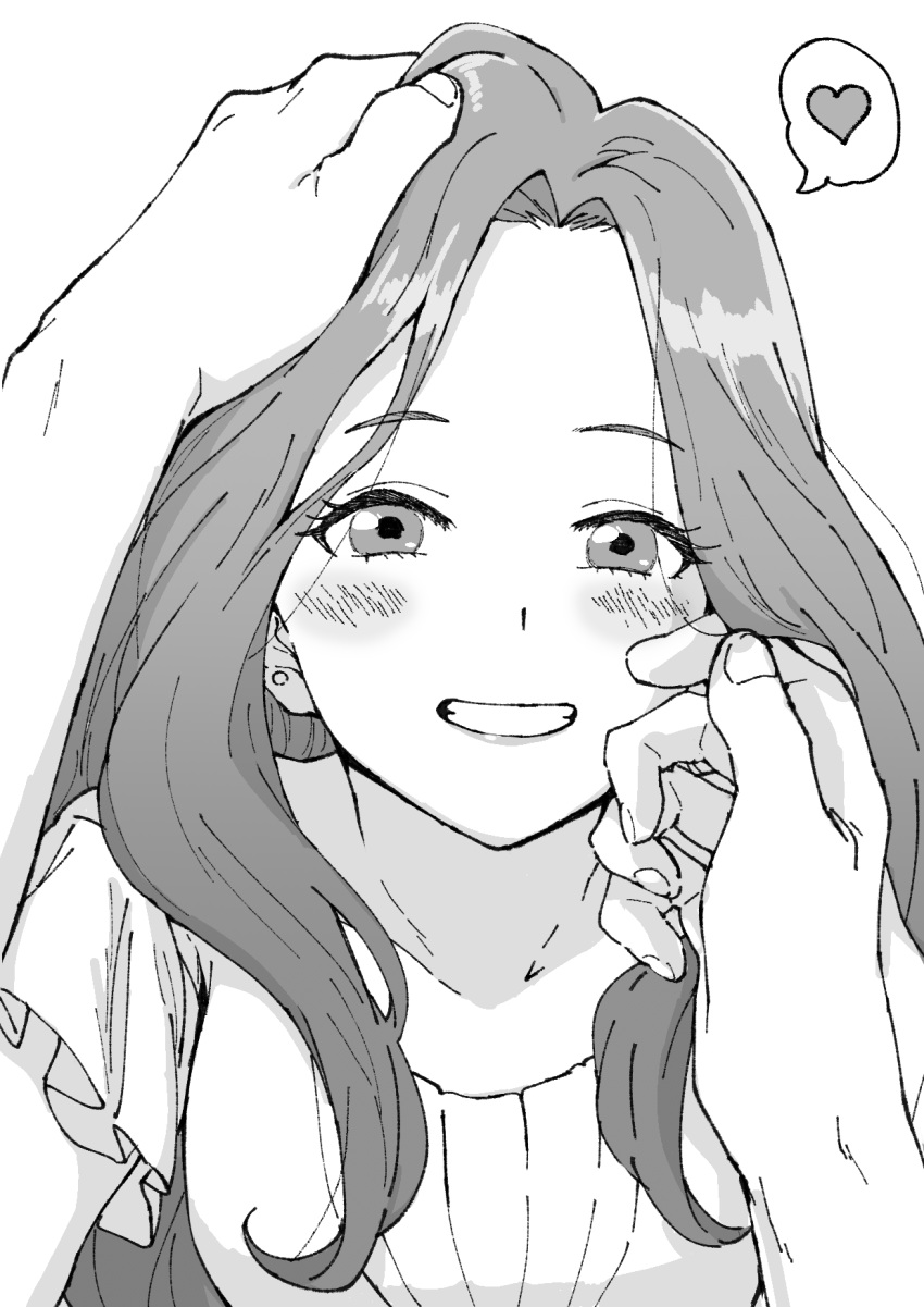 1girl blush copyright_request earrings greyscale grin hand_up heart highres jewelry long_hair looking_at_viewer monochrome osame pov pov_hands short_sleeves simple_background smile solo_focus spoken_heart stud_earrings white_background