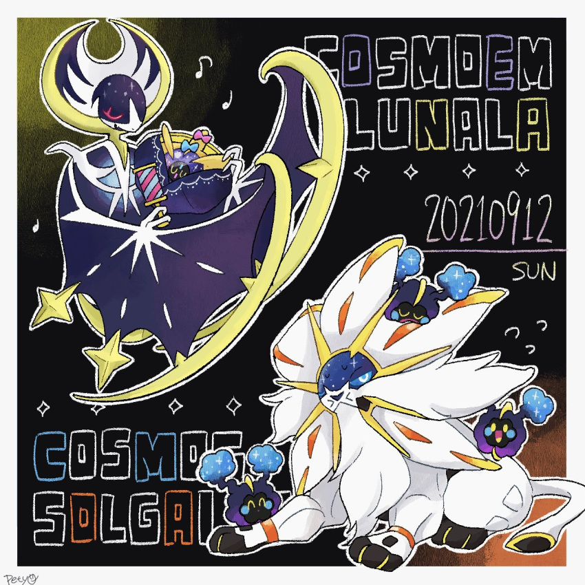 :d border character_name commentary_request cosmog flying_sweatdrops highres holding legendary_pokemon lunala musical_note one_eye_closed open_mouth petyo pokemon pokemon_(creature) signature smile solgaleo sparkle sweat tongue white_border