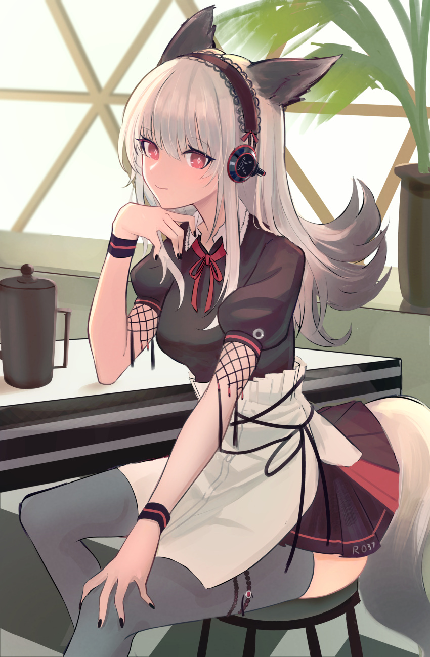 1girl absurdres animal_ears apron arknights black_dress black_nails brown_hairband closed_mouth coffee_pot dress feet_out_of_frame fox_ears fox_girl fox_tail frostleaf_(arknights) grey_legwear hairband headphones highres indoors long_hair looking_at_viewer nail_polish neck_ribbon plant potted_plant puffy_short_sleeves puffy_sleeves red_eyes red_neckwear red_ribbon ribbon shino_duka short_sleeves silver_hair sitting smile solo stool sweatband tail thigh-highs waist_apron white_apron window