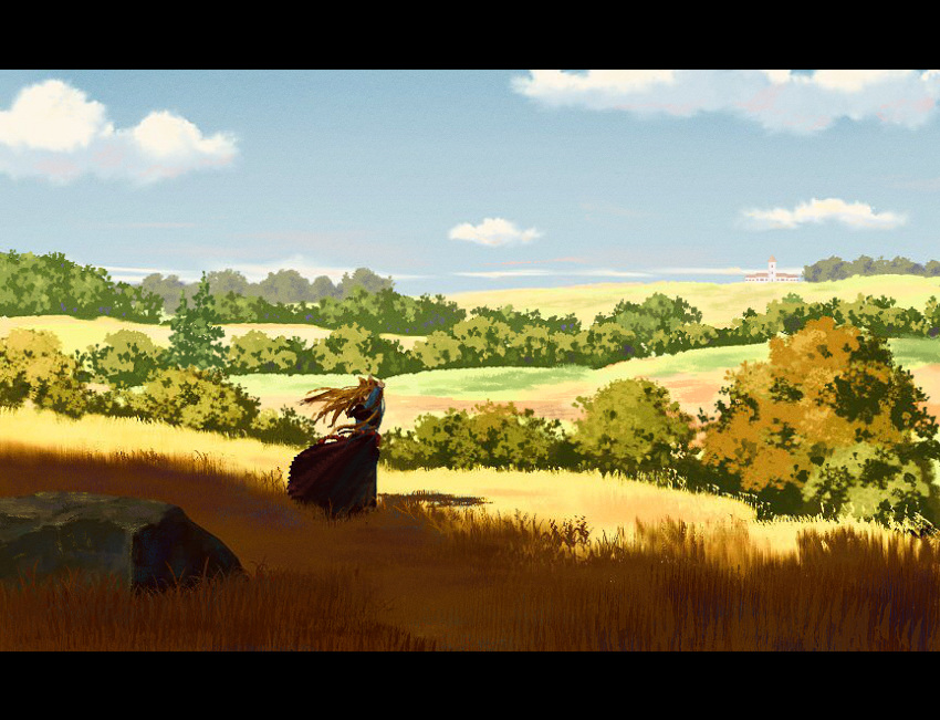 1girl absurdres animal_ears bangs blue_shirt blue_sky brown_hair brown_skirt building clouds commentary_request day field full_body grass highres holo huge_filesize letterboxed long_hair nature outdoors rock rural scenery shirt skirt sky solo spice_and_wolf standing suzu_(susan_slr97) tree wolf_ears