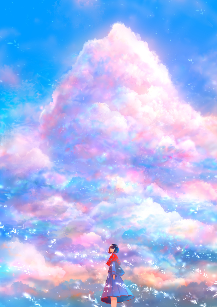 1girl bangs black_hair blue_dress clouds cloudy_sky dress feet_out_of_frame highres long_sleeves looking_to_the_side original outdoors red_shawl sakimori_(hououbds) scenery shawl short_hair sky solo standing wind
