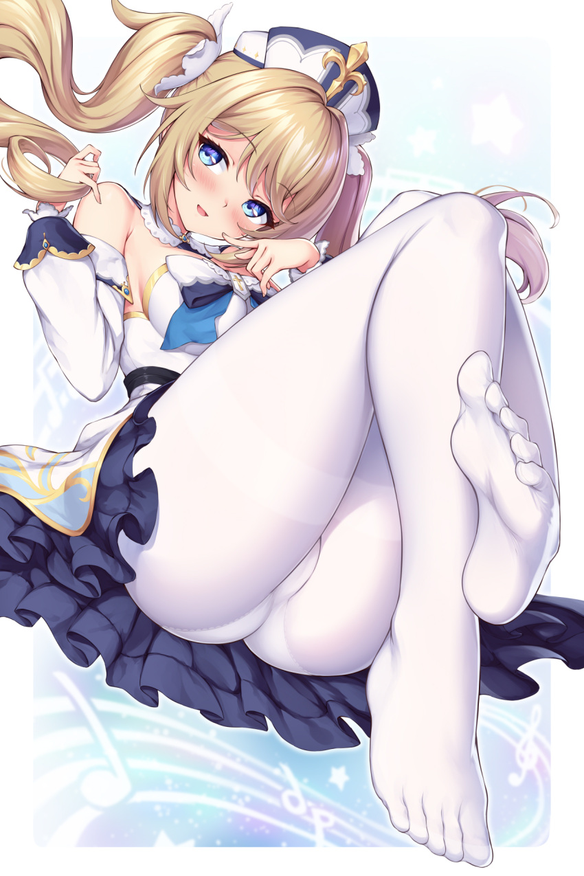 1girl ass bangs barbara_(genshin_impact) blonde_hair blue_eyes blush breasts commentary detached_sleeves dress english_commentary eyebrows_visible_through_hair feet full_body genshin_impact hands_up hat highres ivenglynn long_hair long_sleeves medium_breasts no_shoes open_mouth pantyhose sidelocks sitting smile soles solo strapless strapless_dress twintails white_dress white_headwear white_legwear