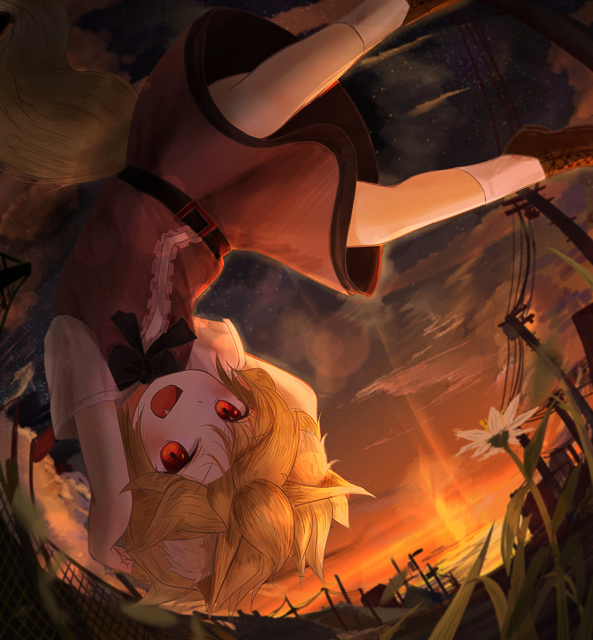 1girl :d absurdres animal_ears bangs belt black_belt black_neckwear blonde_hair blush bow bowtie brown_dress brown_footwear chain-link_fence clouds commentary cookie_(touhou) cross-laced_footwear dress ekaapetto fang fence fisheye flower fox_ears fox_girl fox_tail full_body grass highres looking_at_viewer miramikaru_riran open_mouth power_lines red_eyes shirt shoes short_hair short_sleeves sleeveless sleeveless_dress smile socks solo sunset tail upside-down utility_pole white_flower white_legwear white_shirt