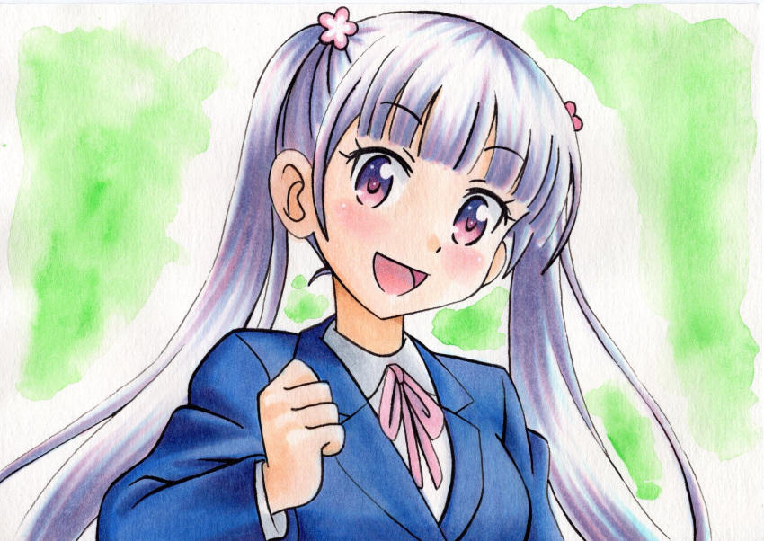 1girl :d bangs blue_jacket blush collared_shirt commentary_request eyebrows_visible_through_hair eyelashes flower green_background grey_hair hair_flower hair_ornament hand_up highres jacket long_hair long_sleeves looking_at_viewer neck_ribbon new_game! oka_mochi open_mouth pink_ribbon ribbon shirt smile solo suzukaze_aoba tongue traditional_media twintails white_shirt