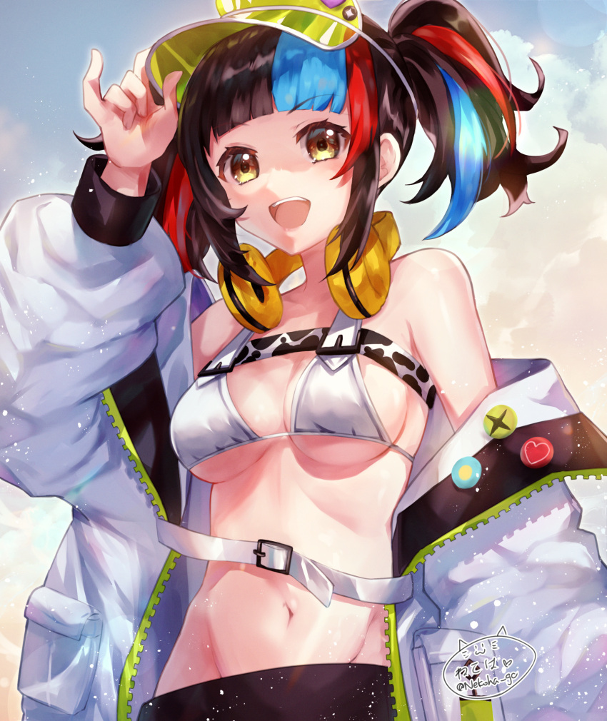 adjusting_clothes adjusting_headwear bikini bikini_top breasts fate/grand_order fate_(series) headphones headphones_around_neck highres jacket medium_breasts multicolored_hair nekoha_gc sei_shounagon_(fate) sei_shounagon_(swimsuit_berserker)_(fate) signature swimsuit twintails visor_cap yellow_eyes