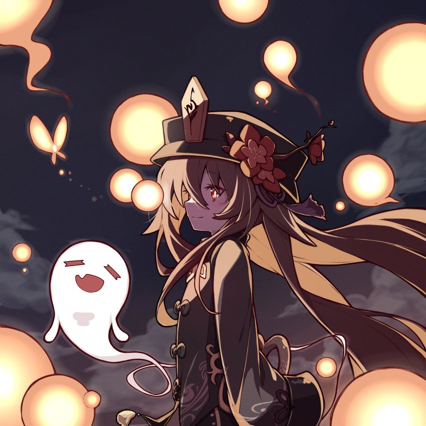 1girl :d absurdres bangs brown_hair bug butterfly chinese_clothes clouds cloudy_sky commentary eyebrows_visible_through_hair flower genshin_impact ghost hair_between_eyes hat hat_flower hat_ornament highres hu_tao_(genshin_impact) huge_filesize long_hair long_sleeves looking_away mmhomm night night_sky open_mouth orange_eyes sidelocks simple_background sky smile symbol-shaped_pupils twintails wind