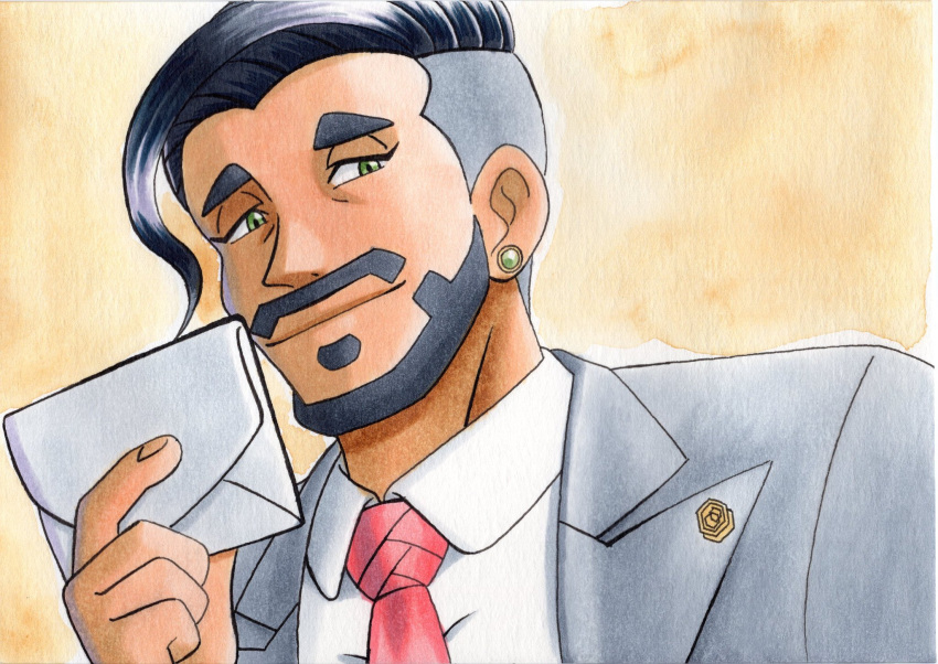 1boy black_hair business_suit closed_mouth collared_shirt commentary_request earrings envelope facial_hair formal green_eyes grey_jacket hand_up highres holding holding_envelope jacket jewelry looking_down male_focus necktie oka_mochi pokemon pokemon_(game) pokemon_swsh red_neckwear rose_(pokemon) shirt short_hair smile solo suit traditional_media undercut white_shirt yellow_background