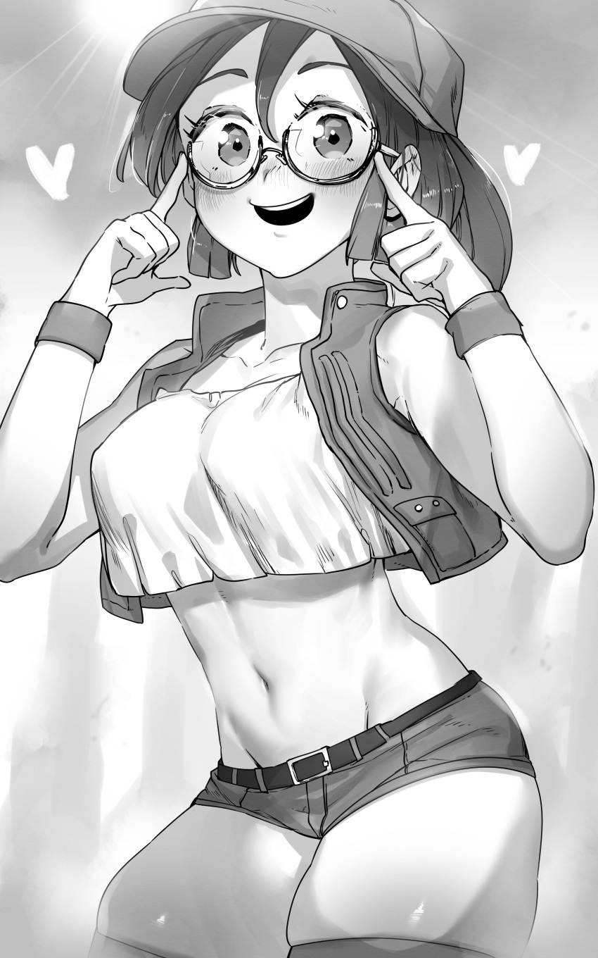 1girl :d absurdres belt blush cowboy_shot crop_top fio_germi glasses greyscale hands_up hat heart highres looking_at_viewer metal_slug micro_shorts monochrome navel niwarhythm open_clothes open_mouth open_vest ponytail round_eyewear shorts skindentation smile solo stomach thigh-highs vest wristband
