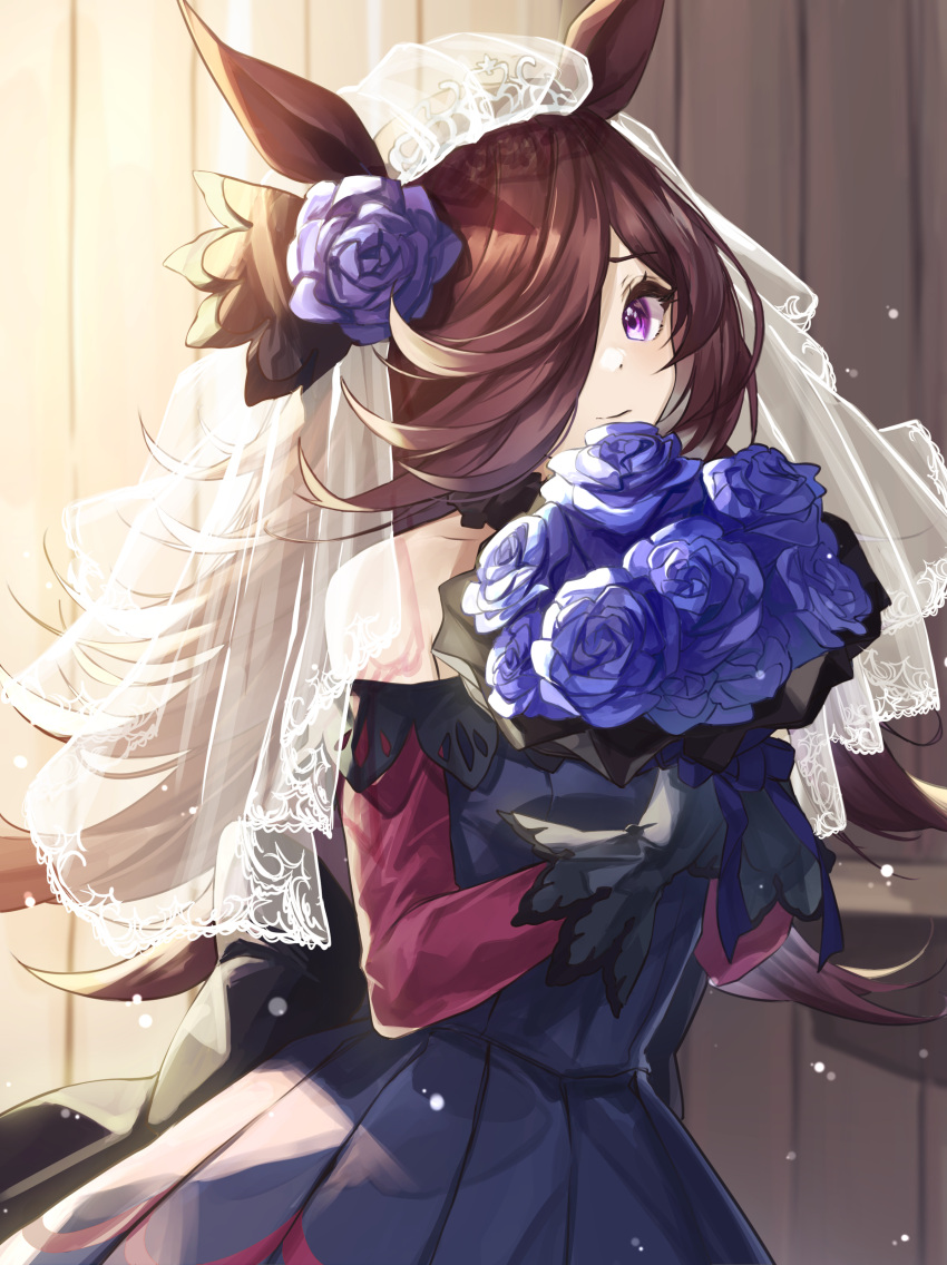 1girl absurdres animal_ears black_gloves blue_dress blue_flower bouquet bridal_veil brown_hair closed_mouth dress eyebrows_visible_through_hair flower gloves hair_flower hair_ornament hair_over_one_eye highres holding holding_bouquet horse_ears horse_girl long_hair looking_at_viewer rice_shower_(umamusume) shino_sto solo umamusume veil violet_eyes