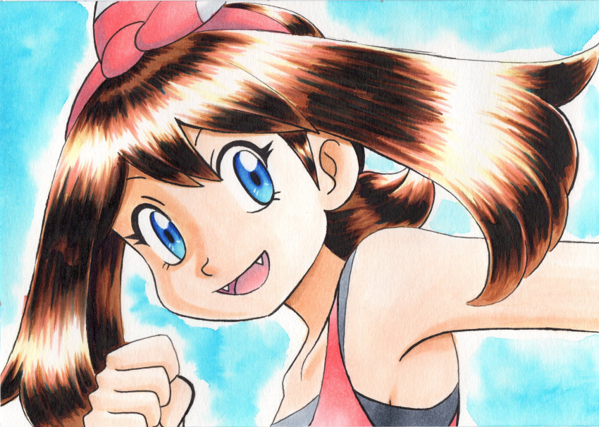 1girl :d bangs bare_arms blue_background blue_eyes bow_hairband brown_hair collarbone commentary_request eyelashes fangs hairband hand_up highres long_hair oka_mochi open_mouth outstretched_arm pink_hairband pokemon pokemon_adventures sapphire_birch shirt sleeveless sleeveless_shirt smile solo tongue traditional_media