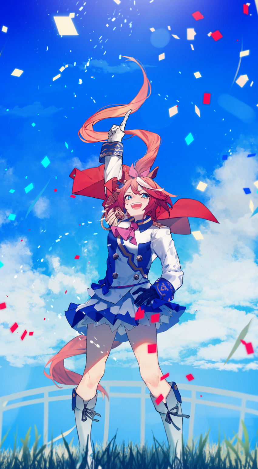 :d animal_ears asymmetrical_gloves blue_eyes blue_shirt blue_skirt blue_sky boots bow brown_hair cape clouds cloudy_sky commentary confetti day floating_hair gloves grass hair_bow hand_on_hip highres horse_ears horse_girl horse_tail index_finger_raised long_hair mismatched_gloves multicolored_hair open_mouth outdoors pink_bow pointing pointing_up ponytail red_cape shirt skirt sky smile sou_230 standing streaked_hair sunlight tail teeth tokai_teio_(umamusume) two-tone_shirt two-tone_skirt umamusume very_long_hair white_footwear white_gloves white_hair white_shirt white_skirt