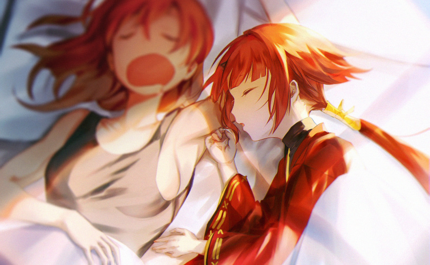 2girls armpits bangs bare_arms bare_shoulders bed benienma_(fate) breasts closed_eyes fate/grand_order fate_(series) fujimaru_ritsuka_(female) highres japanese_clothes kimono lying multiple_girls open_mouth orange_hair pillow red_kimono redhead saliva short_hair sideboob sleeping tamayai vest