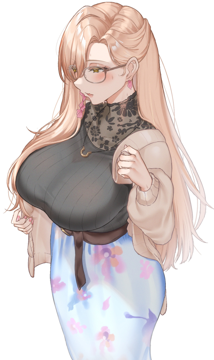 1girl bangs belt black_sweater blonde_hair blush breasts brown_belt brown_cardigan cardigan casual earrings fang floral_print glasses hair_between_eyes highres jewelry large_breasts long_hair long_skirt nail_polish nijisanji nui_sociere open_cardigan open_clothes parted_bangs parted_lips pink_nails ribbed_sweater see-through simple_background skin_fang skirt skysign_ft solo sweat sweater swept_bangs very_long_hair virtual_youtuber white_background yellow_eyes