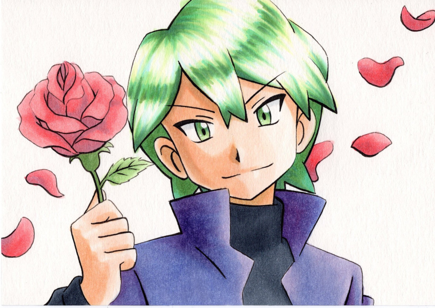 1boy bangs black_shirt closed_mouth commentary_request drew_(pokemon) flower green_eyes green_hair grey_background hair_between_eyes highres holding holding_flower jacket long_sleeves looking_at_viewer male_focus oka_mochi petals pokemon pokemon_(anime) pokemon_rse_(anime) popped_collar purple_jacket red_flower shirt short_hair smile solo split_mouth traditional_media upper_body