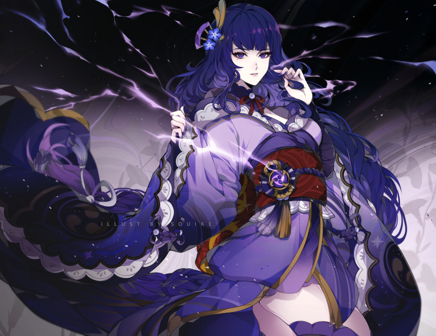 1girl bangs banned_artist braid breasts commentary electricity english_commentary flower genshin_impact hair_ornament highres japanese_clothes kimono large_breasts light_particles long_hair long_sleeves looking_at_viewer mole mole_under_eye obi obiage obijime parted_lips purple_flower purple_hair purple_nails raiden_shogun sash solo souike tassel violet_eyes wide_sleeves