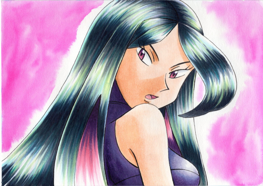 1girl bangs bare_arms commentary_request eyelashes green_hair highres long_hair looking_back looking_down lucy_(pokemon) oka_mochi open_mouth pokemon pokemon_(game) pokemon_emerald pokemon_rse purple_background purple_hair purple_shirt shirt sleeveless sleeveless_shirt solo tongue traditional_media upper_body violet_eyes
