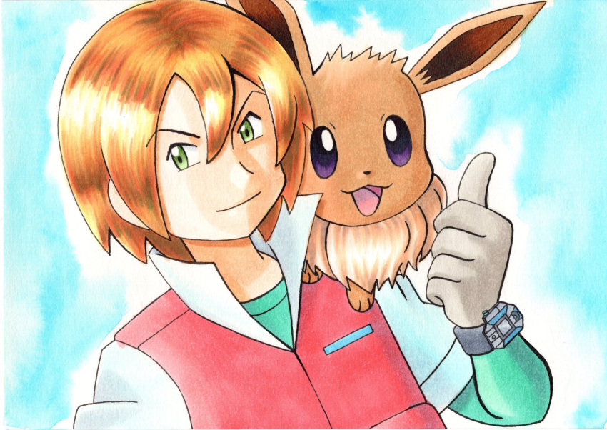 1boy :d bangs blonde_hair blue_background bracelet closed_mouth commentary_request eevee gloves green_eyes green_shirt grey_gloves hair_between_eyes hand_up highres jacket jewelry male_focus oka_mochi on_shoulder open_mouth pokemon pokemon_(anime) pokemon_(creature) pokemon_bw_(anime) pokemon_on_shoulder shirt short_hair short_sleeves smile tongue traditional_media upper_body violet_eyes virgil_(pokemon)