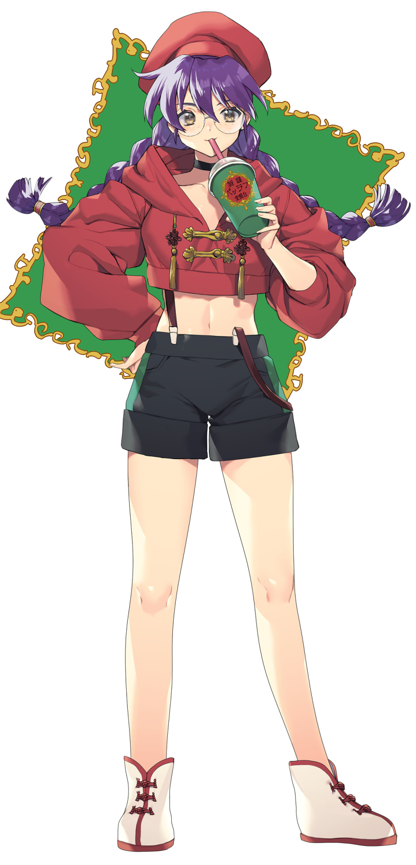 1girl absurdres alternate_costume beret black_shorts boots braid brown_eyes commentary_request contemporary drinking_straw freckles full_body glasses hand_on_hip hat highres hood hooded_sweater hoodie long_hair looking_at_viewer midriff murata_tefu purple_hair red_headwear red_sweater ri_kouran sakura_taisen shorts sipping solo suspenders sweater twin_braids white_background white_footwear