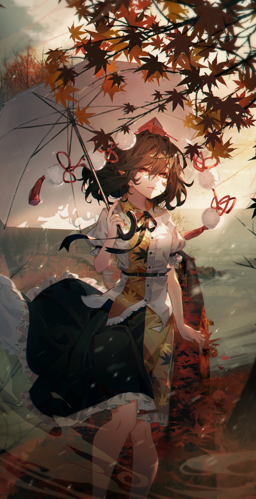 1girl absurdres autumn_leaves belt black_neckwear black_ribbon black_skirt branch breasts bridge brown_hair buttons hat highres holding holding_umbrella leaf_print looking_at_viewer medium_breasts parasol pointy_ears pom_pom_(clothes) red_eyes ribbon shameimaru_aya shirt shori_bun short_hair skirt smile solo tokin_hat touhou tree umbrella white_shirt