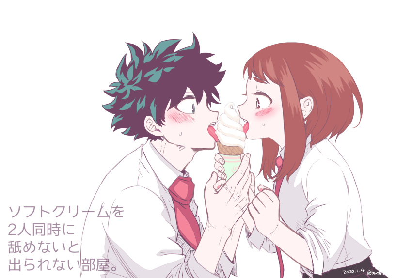 1boy 1girl bangs blush boku_no_hero_academia brown_hair buthikireta clenched_hand commentary_request dated food freckles green_hair highres ice_cream ice_cream_cone licking long_sleeves looking_at_another midoriya_izuku necktie red_neckwear scar_on_hand school_uniform sharing_food shirt short_hair short_necktie simple_background teeth tongue tongue_out translation_request twitter_username u.a._school_uniform upper_body upper_teeth uraraka_ochako white_background