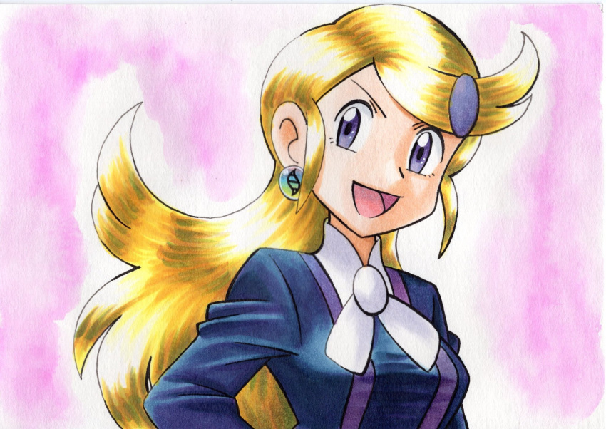 1girl :d astrid_(pokemon) bangs black_jacket blonde_hair commentary earrings grey_eyes hair_ornament hairclip highres jacket jewelry long_hair looking_at_viewer neck_ribbon oka_mochi open_mouth pink_background pokemon pokemon_(anime) pokemon_xy_(anime) ribbon shirt smile solo swept_bangs tongue traditional_media upper_body white_ribbon white_shirt