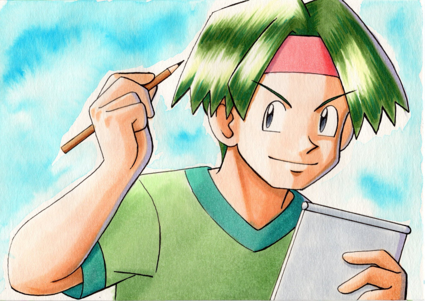 1boy bangs blue_background closed_mouth commentary_request green_hair green_shirt grey_eyes hands_up headband highres holding holding_notepad holding_pencil male_focus notepad oka_mochi parted_bangs pencil pink_headband pokemon pokemon_(anime) pokemon_(classic_anime) shirt short_hair short_sleeves smile solo t-shirt tracey_sketchit traditional_media upper_body v-shaped_eyebrows