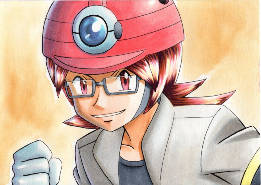 1boy black_shirt brown_hair clenched_hand collarbone commentary_request glasses grey-framed_eyewear grey_jacket hand_up helmet highres jacket long_hair looking_at_viewer male_focus oka_mochi open_clothes open_jacket parted_lips pink_headwear pokemon pokemon_(game) pokemon_dppt red_eyes roark_(pokemon) semi-rimless_eyewear shirt smile solo traditional_media upper_body yellow_background