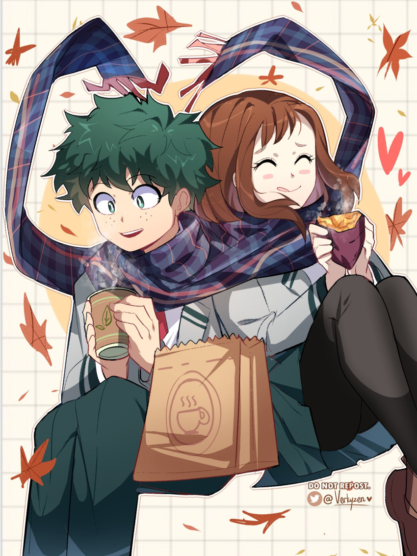 1boy 1girl black_legwear boku_no_hero_academia brown_hair cold couple green_eyes green_hair hetero highres leaf midoriya_izuku pantyhose scarf school_uniform simple_background skirt tea uraraka_ochako verkyzen