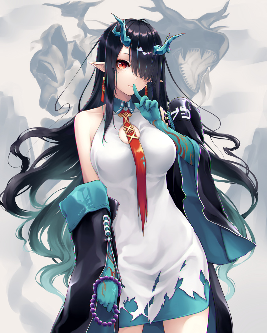 1girl absurdres arknights bare_shoulders beads black_coat black_hair blush breasts cleavage_cutout closed_mouth clothing_cutout coat collared_dress colored_skin cowboy_shot dragon dragon_horns dress dusk_(arknights) earrings gradient_hair green_hair green_skin hair_over_one_eye highres holding horns jewelry large_breasts long_hair long_sleeves looking_at_viewer multicolored_hair nameko_houshi necktie off_shoulder open_clothes open_coat pointy_ears prayer_beads red_eyes red_neckwear smile solo very_long_hair white_dress wide_sleeves