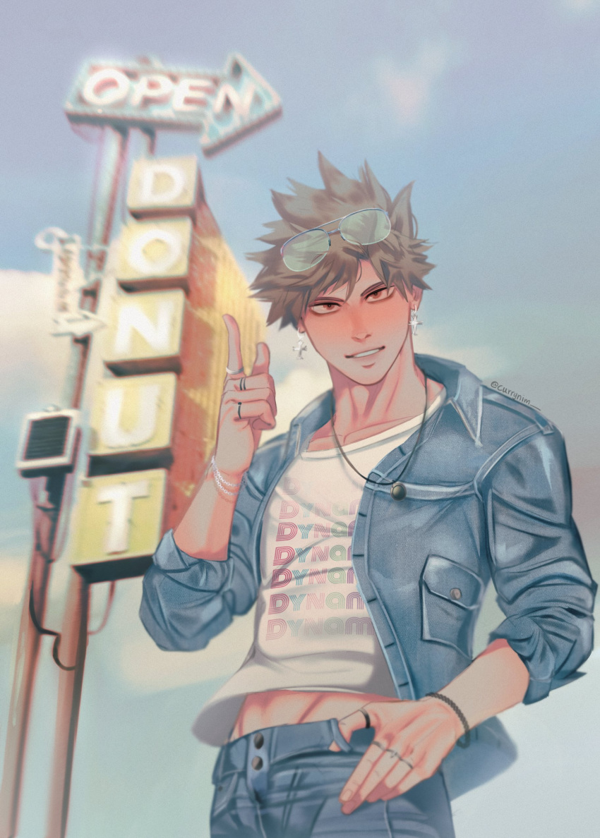 1boy absurdres bakugou_katsuki blonde_hair boku_no_hero_academia bracelet clouds cross cross_earrings currynim day earrings eyewear_on_head highres jacket jewelry looking_at_viewer male_focus multiple_rings necklace open_clothes open_jacket outdoors pants red_eyes ring shirt short_hair sky smile solo spiky_hair sunglasses teeth white_shirt