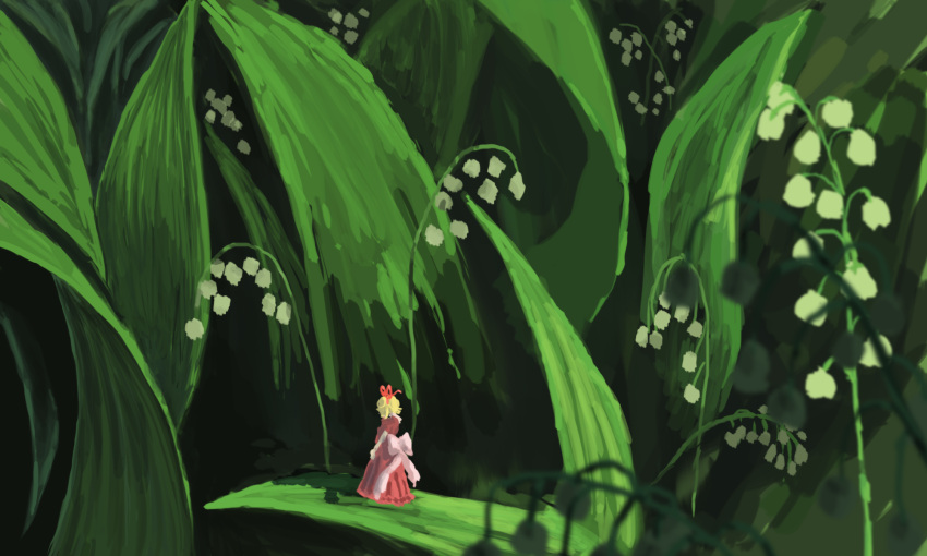 1girl blonde_hair bow commentary_request dress flower full_body hair_ribbon highres leaf lily_of_the_valley medicine_melancholy minigirl one-hour_drawing_challenge plant red_dress red_ribbon ribbon scenery short_hair solo standing suzu_(susan_slr97) touhou white_bow white_flower