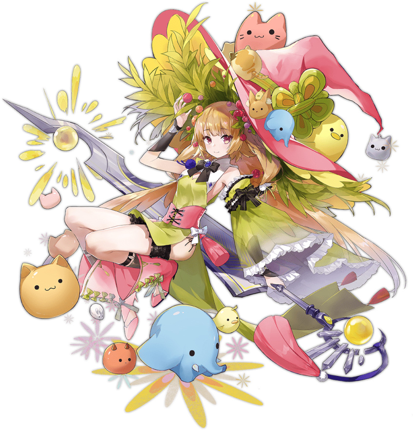1girl ark_order artist_request bangs bare_shoulders berry black_bow black_legwear black_neckwear boots bow bowtie detached_sleeves dress frilled_sleeves frills garters grass green_dress hair_flaps hat holding holding_sword holding_weapon long_hair long_sleeves low_twintails official_art pink_eyes pink_footwear pink_headwear side_slit sidelocks single_sleeve socks solo sword tachi-e transparent_background twintails very_long_hair vidar_(ark_order) weapon wide_sleeves witch_hat