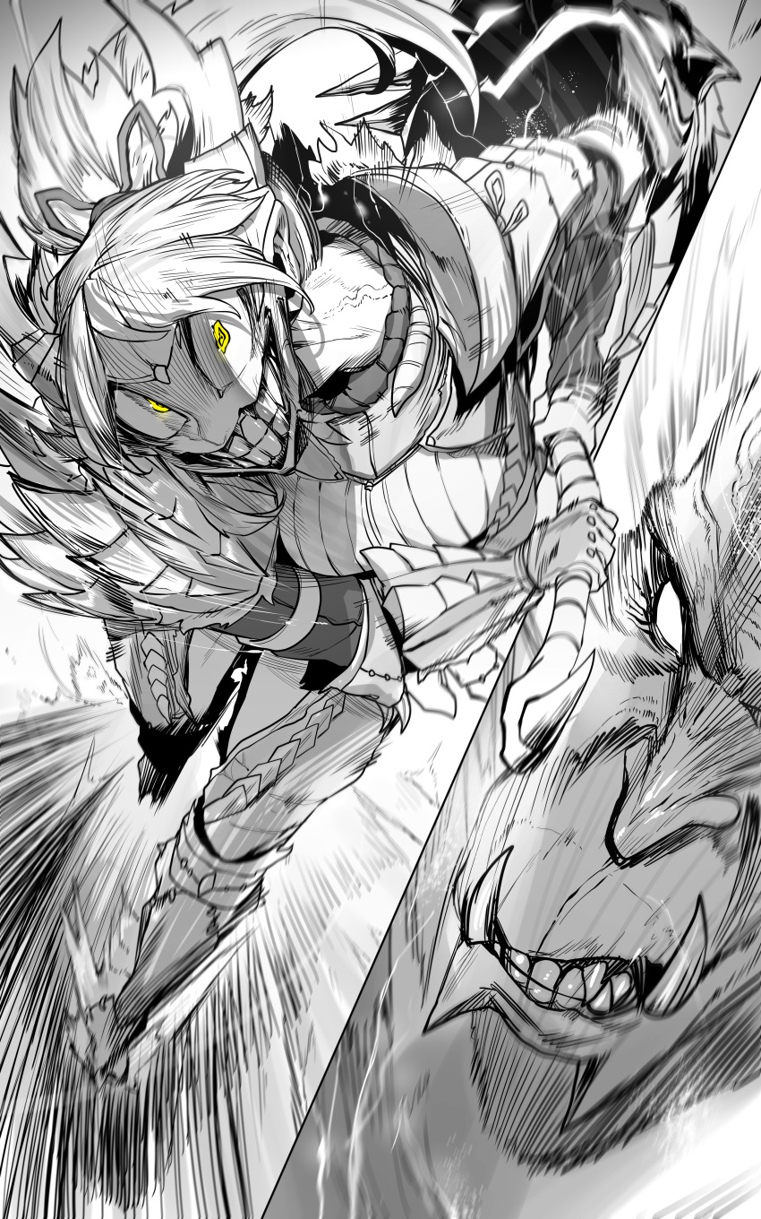 1girl absurdres armor battle crazy_eyes crazy_smile evil_grin evil_smile grin highres horns huge_filesize looking_at_viewer monster monster_hunter_(series) niwarhythm rajang sharp_teeth smile spiked_armor spikes spot_color teeth war_hammer weapon yellow_eyes zinogre_(armor)