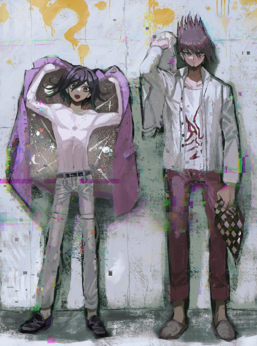 2boys arms_up bangs black_footwear black_hair borrowed_garments brown_hair checkered checkered_scarf collarbone danganronpa_(series) danganronpa_v3:_killing_harmony facial_hair full_body goatee grey_pants hair_between_eyes highres holding holding_clothes holding_scarf jacket long_sleeves looking_at_viewer momota_kaito multiple_boys navel open_clothes open_mouth open_shirt ouma_kokichi pants pink_jacket pink_pants print_shirt scarf scarf_removed shirt shirtless shoes smile space_print standing starry_sky_print symbol-only_commentary violet_eyes visket53 white_shirt