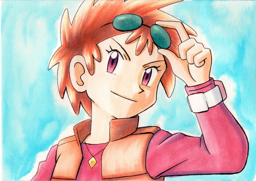 1girl adjusting_eyewear bangs blue_background bracelet brown_vest closed_mouth commentary_request eyelashes eyewear_on_head green-tinted_eyewear hand_up highres jewelry long_sleeves necklace oka_mochi orange_hair pink_shirt pokemon pokemon_(anime) pokemon_dppt_(anime) shirt short_hair smile solo spiky_hair sunglasses tinted_eyewear traditional_media vest violet_eyes zoey_(pokemon)