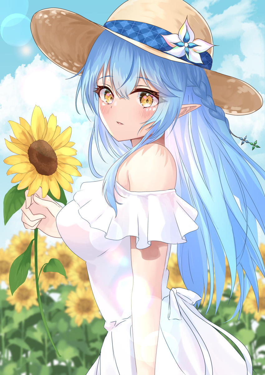 1girl absurdres bangs bare_shoulders blue_hair blush braid breasts dress field flower flower_field frilled_dress frills from_side hair_between_eyes hair_ornament half_updo hat hat_flower highres holding holding_flower hololive large_breasts long_hair looking_at_viewer multicolored_hair off-shoulder_dress off_shoulder onabe_no_shime pointy_ears sidelocks snowflake_hair_ornament solo straw_hat streaked_hair summer sun_hat sundress sunflower very_long_hair virtual_youtuber white_dress yellow_eyes yukihana_lamy