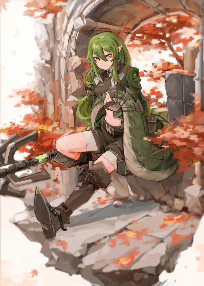 1girl absurdres arch arknights autumn_leaves black_footwear black_shorts boots cape commentary crocodilian_tail eyebrows_visible_through_hair full_body gavial_(arknights) green_cape green_hair highres holding holding_staff holding_tail jumbowhopper outdoors pointy_ears shorts sidelocks sitting solo staff tail thigh-highs thigh_boots yellow_eyes