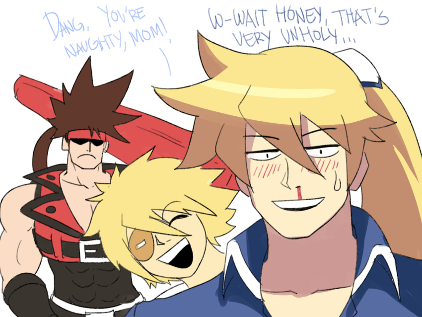3boys blonde_hair blood blush brown_hair casual english_text eyepatch family father_and_son frown guilty_gear guilty_gear_xrd headband highres ky_kiske multiple_boys nosebleed ponytail sin_kiske sol_badguy sweatdrop tina_fate