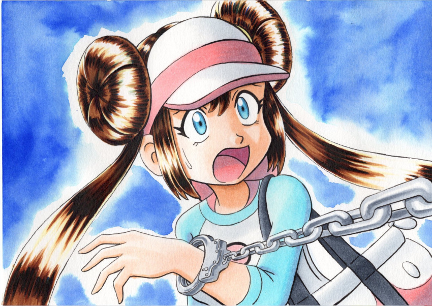 1girl bag bangs blue_background blue_eyes brown_hair chain commentary_request cuffs double_bun eyelashes floating_hair handcuffs highres long_hair oka_mochi open_mouth pokemon pokemon_adventures raglan_sleeves shirt solo sweatdrop tongue traditional_media twintails two-tone_headwear upper_body visor_cap whitley_(pokemon)