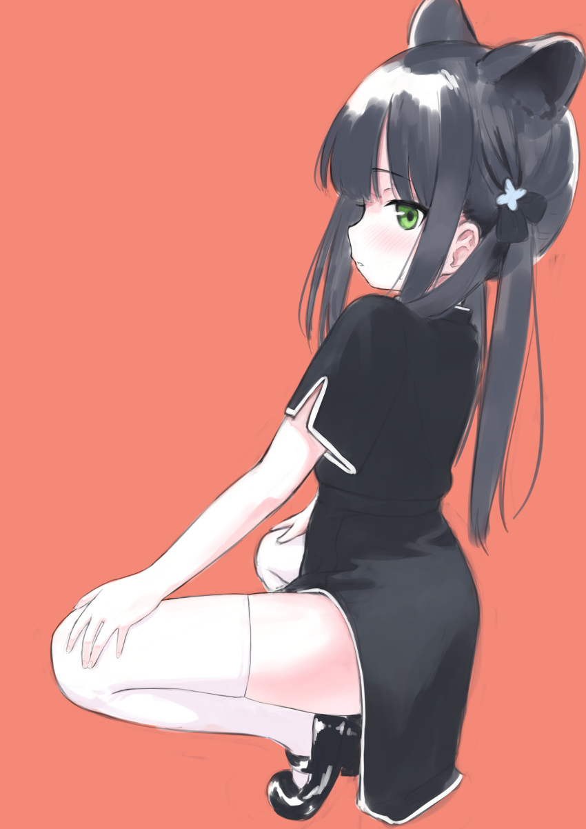 1girl absurdres animal_ears bangs black_dress black_footwear black_hair blue_archive blunt_bangs blush china_dress chinese_clothes dress from_behind green_eyes hands_on_own_knees highres legs long_hair looking_back mary_janes orange_background shoes short_sleeves shun_(blue_archive) simple_background solo spread_legs squatting tamura-chan thigh-highs thighs tiger_ears tiger_girl twintails white_legwear