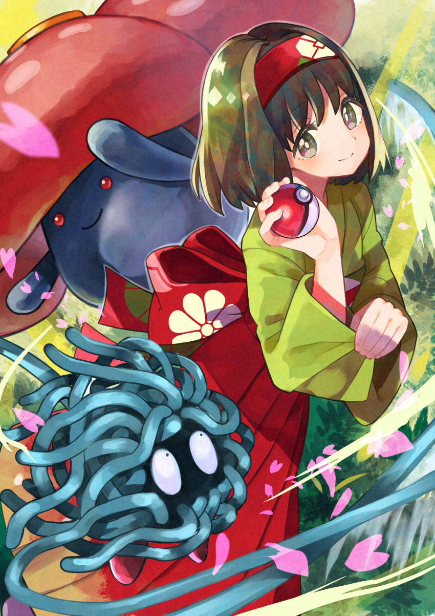 1girl absurdres bangs blush bright_pupils brown_hair closed_mouth commentary_request erika_(pokemon) eyebrows_visible_through_hair eyelashes floral_print green_kimono grey_eyes hairband hakama highres holding holding_poke_ball japanese_clothes kimono petals plant poke_ball poke_ball_(basic) pokemon pokemon_(creature) pokemon_(game) pokemon_lgpe rainys_bill red_hairband red_hakama short_hair smile tangela vileplume vines