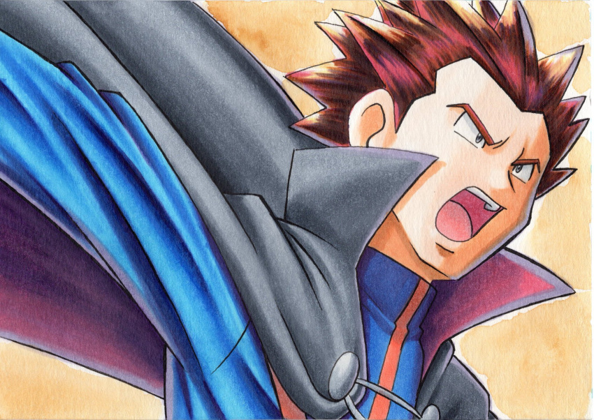 1boy blue_jacket brown_hair cape commentary_request grey_cape grey_eyes highres jacket lance_(pokemon) male_focus oka_mochi open_mouth orange_background outstretched_arm pokemon pokemon_(game) pokemon_hgss popped_collar short_hair solo spiky_hair tongue traditional_media turtleneck turtleneck_jacket upper_body upper_teeth