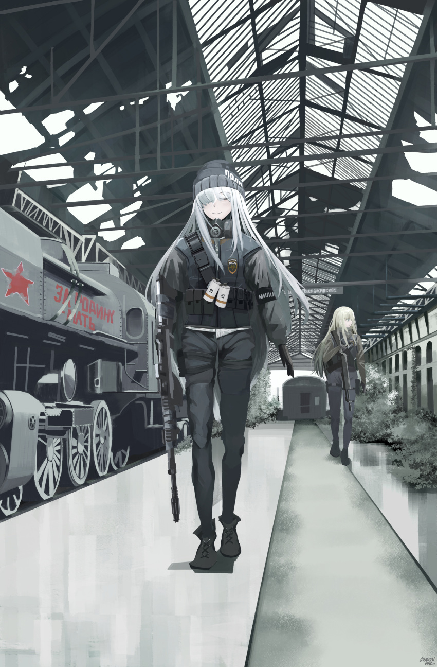 2girls absurdres ak-12 ak-12_(girls'_frontline) an-94 an-94_(girls'_frontline) assault_rifle closed_eyes explosive gas_grenade girls_frontline green_eyes grenade gun highres holding holding_gun holding_weapon kalashnikov_rifle kanoe_(kanoe502) locomotive multiple_girls rifle russian_text walking weapon white_hair