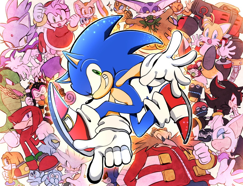 &gt;_&lt; 6+boys 6+girls :d angry bat_wings big_the_cat blaze_the_cat blue_eyes bracelet chain chao_(sonic) chaos_(sonic) charmy_bee cheese_(sonic) chip_(sonic) cream_the_rabbit cubot dr._eggman dress e-123_omega emerl_(sonic) espio_the_chameleon everyone facial_hair finger_gun frog froggy_(sonic) furry furry_female furry_male gloves green_eyes grin highres jacket jewelry marine_the_raccoon metal_sonic multiple_boys multiple_girls mustache open_mouth orange_eyes orbot pose purple_dress red_dress red_eyes red_jacket robot rouge_the_bat serious shadow_the_hedgehog silver_the_hedgehog smile sonic_(series) sonic_adventure sonic_the_hedgehog sonic_world_adventure tails_(sonic) tikal_the_echidna tondamanuke vector_the_crocodile violet_eyes white_gloves wings yellow_eyes