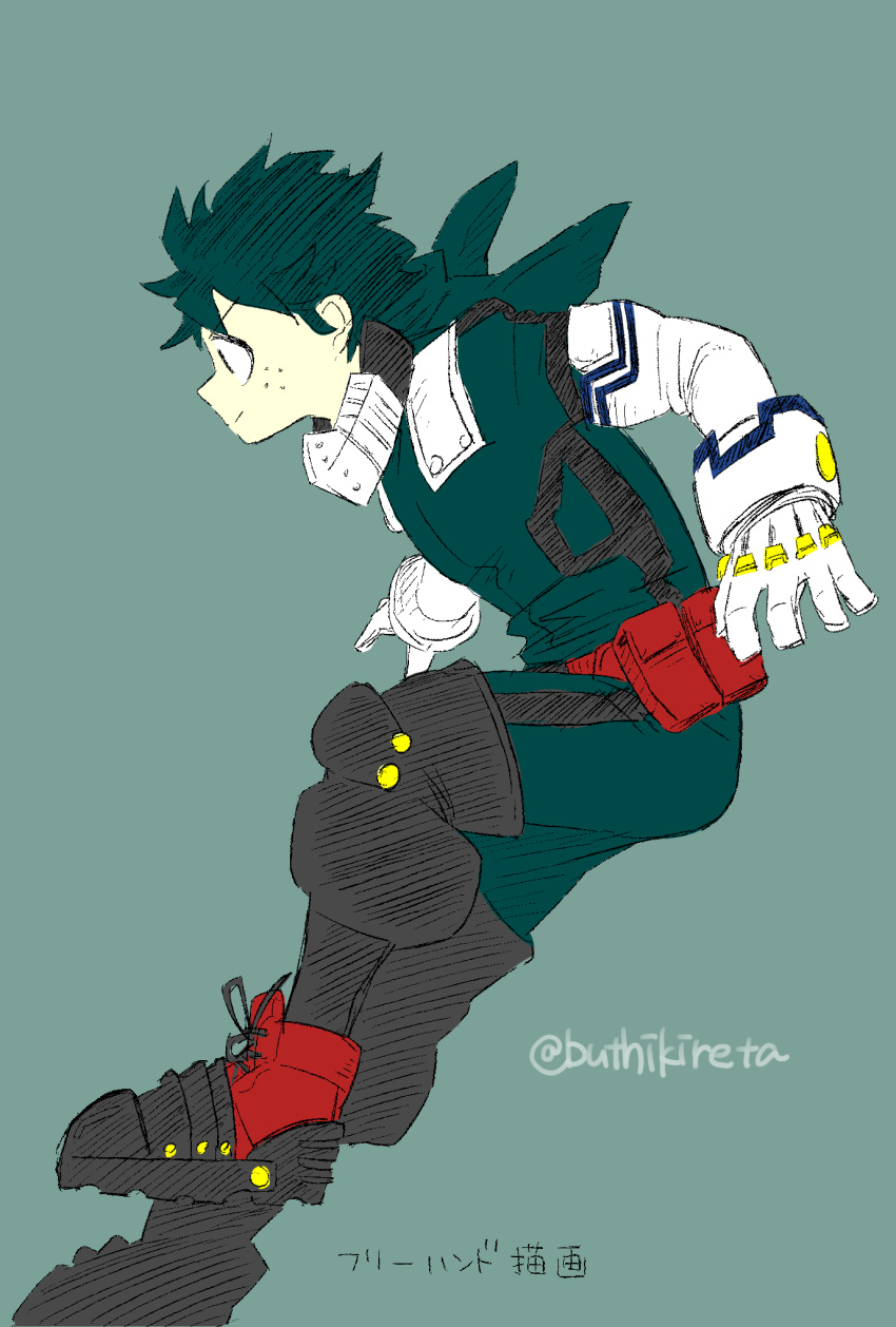 1boy animal_hood bangs bodysuit boku_no_hero_academia boots brown_footwear bunny_hood buthikireta commentary_request elbow_gloves freckles full_body gloves green_background green_bodysuit green_hair highres hood hood_down male_focus midoriya_izuku pouch red_footwear short_hair simple_background smile solo thigh-highs thigh_boots translation_request twitter_username white_gloves
