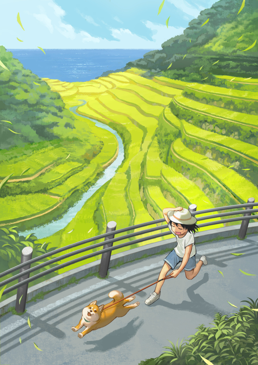 1girl :3 :d absurdres black_hair blue_shorts blue_sky child day dog from_above guard_rail hand_on_headwear highres holding holding_leash horizon leash nishimawari_kouro ocean open_mouth original outdoors rice_paddy road running scenery shiba_inu shirt shoes short_sleeves shorts sky smile white_footwear white_shirt