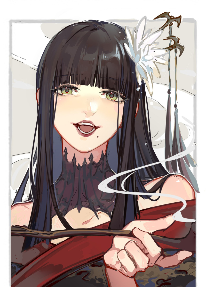 1girl bangs bare_shoulders black_hair blunt_bangs crow0cc final_fantasy final_fantasy_xiv flower green_eyes hair_flower hair_ornament highres holding hyur japanese_clothes kimono kiseru lace_collar long_hair mole mole_under_mouth open_mouth pipe solo upper_body yotsuyu_(ff14)